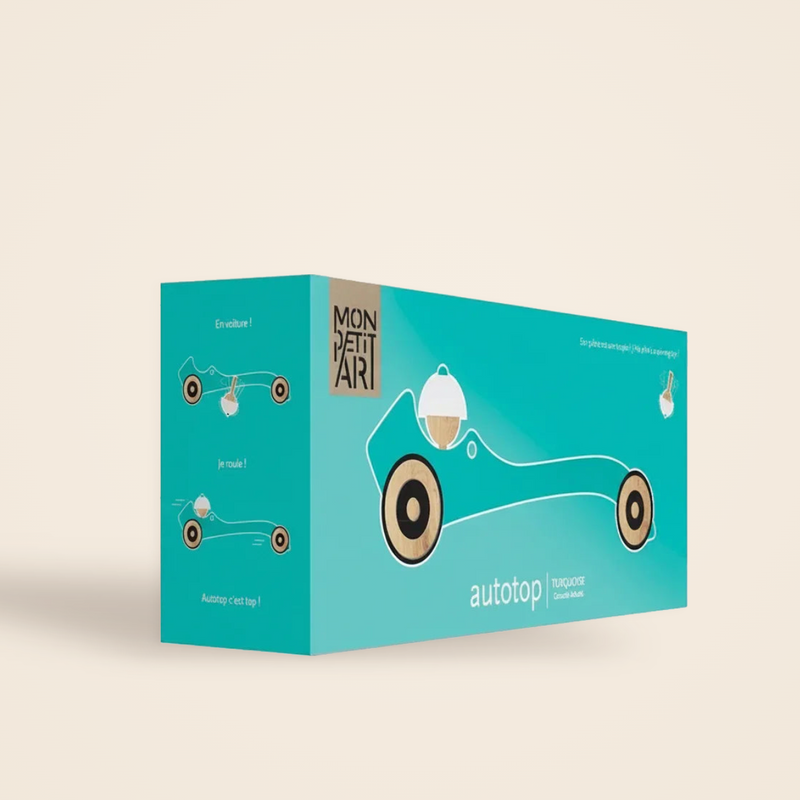 Autotop Turquoise, wooden spinning-top car by Gonzalo Arbutti